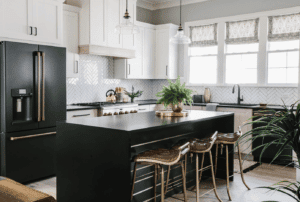 black quartz countertops kitchen, black and white design