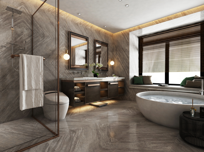 Quartz and porcelain bathroom countertop samples for an Orlando spa-inspired bathroom